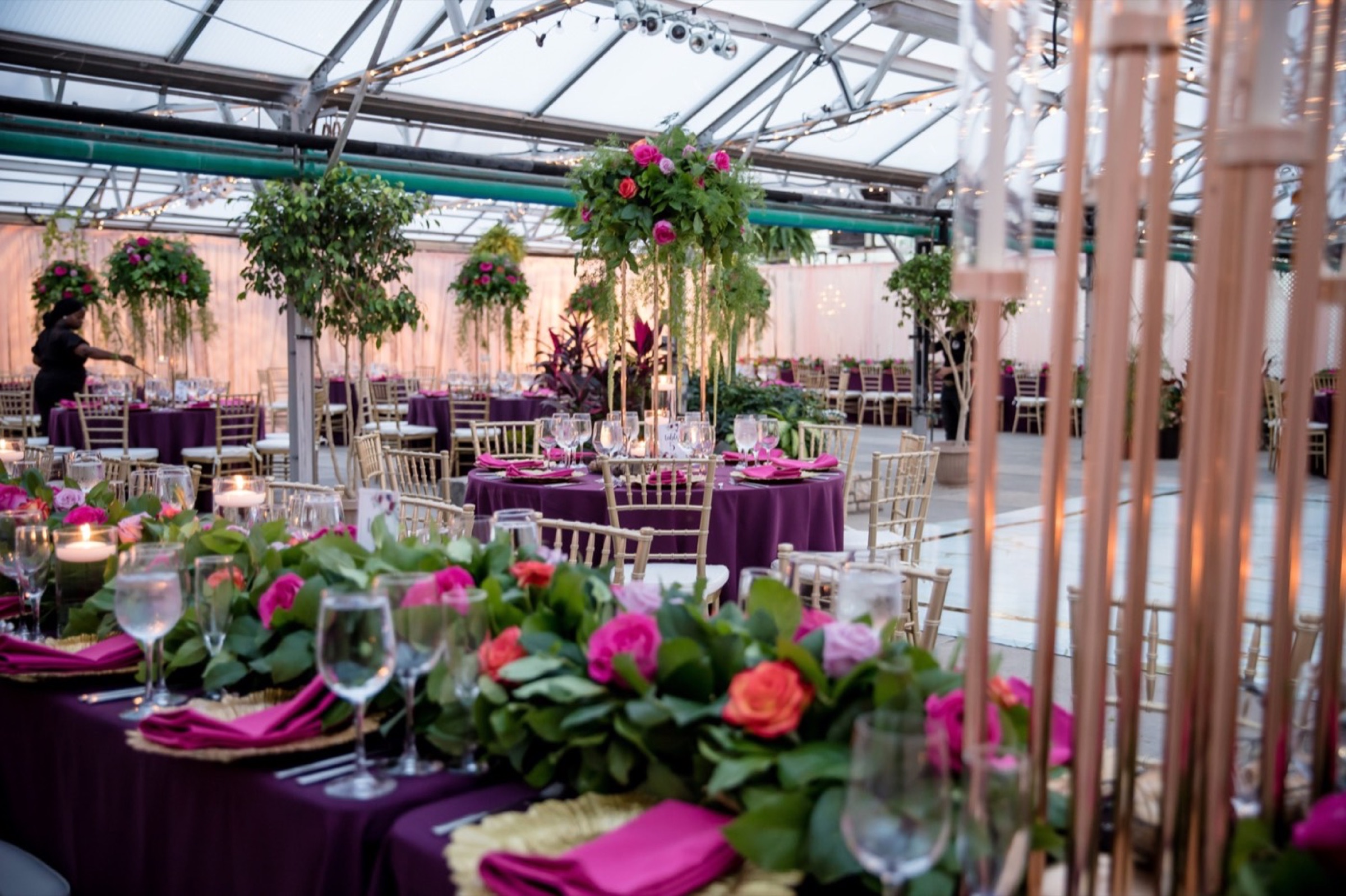 A glasshouse reception set with plum linens, gold chairs and centrepieces of pink roses and greenery.